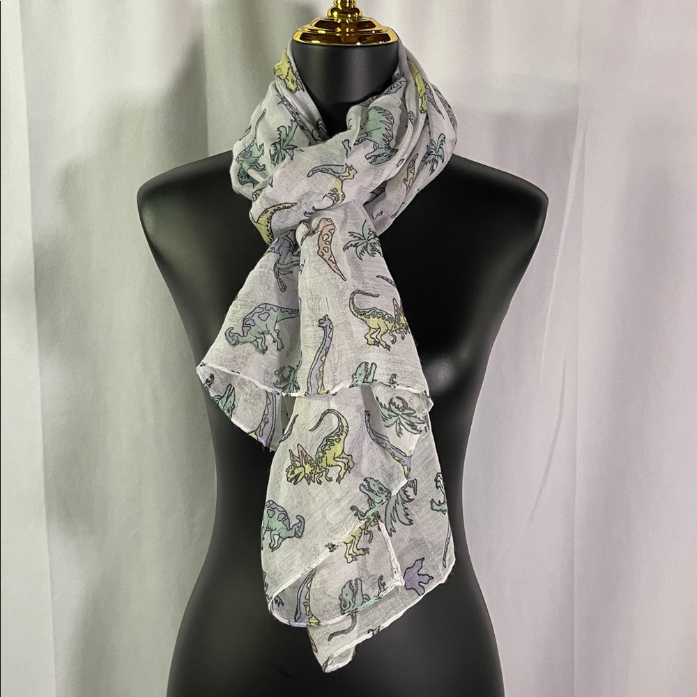 White Multicolor Dinosaur Print Lightweight Scarf